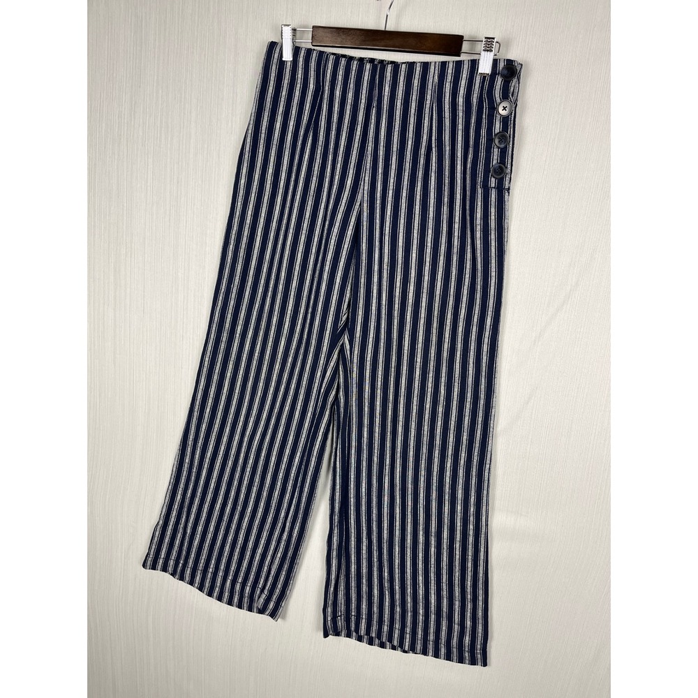 GAP Wide Leg Linen Blend Button Waist Pants Women‎ 6 PETITE Blue Stripe Nautical